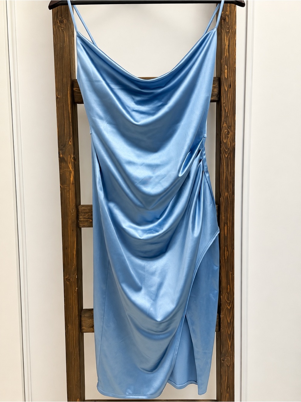 Lovely Day Blue Satin Cowl Neck Ruched Midi Dress